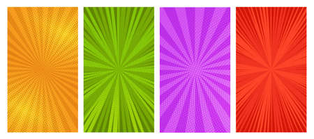 Set of four comic book pages backgrounds in pop art style with empty space. Template with rays, dots and halftone effect texture. Vector illustrationのイラスト素材