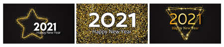 2021 Happy New Year gold background. Set of three abstract gold backdrops with a inscription Happy...