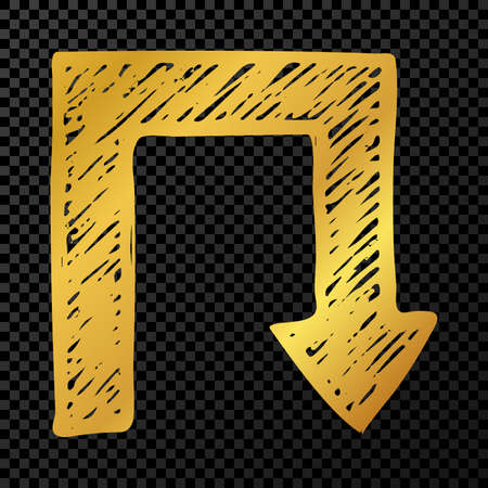 Gold hand drawn arrow. Sketch of gold doodle arrow isolated on dark transparent background. Vector illustration.のイラスト素材