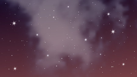Night sky with clouds and many stars. Abstract nature background with stardust in deep universe. Vector illustration.のイラスト素材