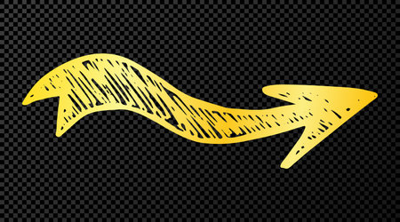 Gold hand drawn arrow. Sketch of gold doodle arrow isolated on dark transparent background. Vector illustration.のイラスト素材