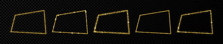 Set of five gold glitter frames. Rectangle frame with shiny stars and sparkles on dark transparent background. Vector illustrationのイラスト素材