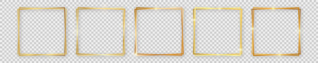 Set of five double gold shiny square frames with glowing effects and shadows on transparent background. Vector illustrationのイラスト素材