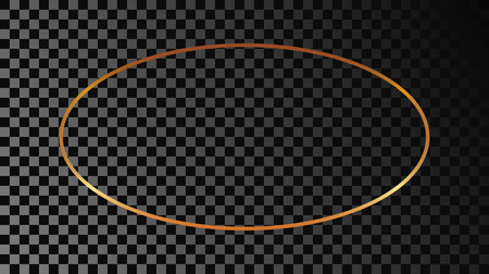 Gold glowing oval shape frame isolated on dark transparent background. Shiny frame with glowing effects. Vector illustration.のイラスト素材