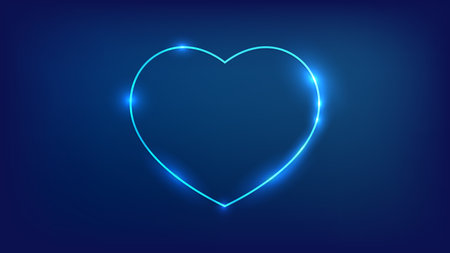 Neon frame in heart form with shining effects on dark background. Empty glowing techno backdrop. Vector illustration.のイラスト素材