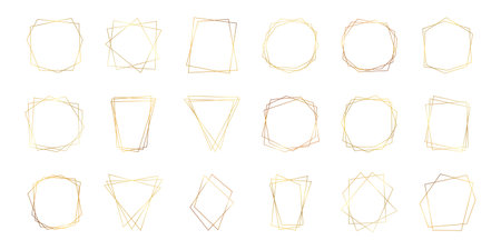Set of eighteen gold geometric polygonal frames with shining effects isolated on white background. Empty glowing art deco backdrop. Vector illustration.のイラスト素材