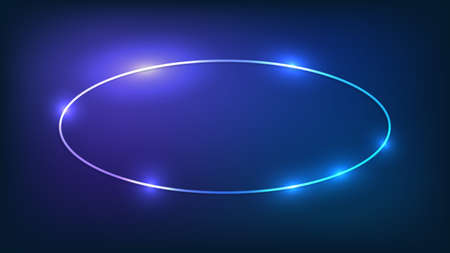 Neon oval frame with shining effects on dark background. Empty glowing techno backdrop. Vector illustration.のイラスト素材