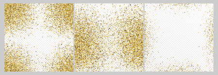 Set of three gold glitter confetti backdrops isolated on white transparent backgrounds. Celebratory texture with shining light effect. Vector illustration.のイラスト素材