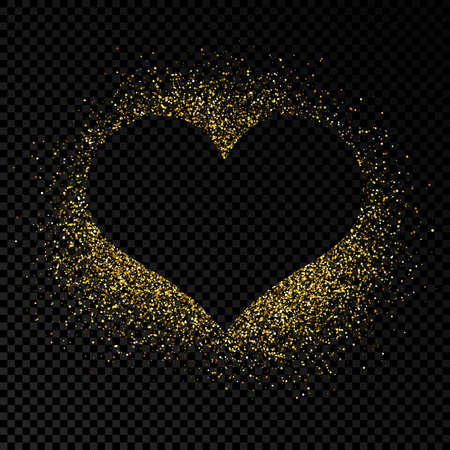 Heart shape frame with golden glitter on dark transparent background. Greeting card with empty dark background. Vector illustration.のイラスト素材