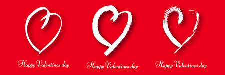 Hand drawn heart on red background. Set of three white grunge doodle hearts with shadow. Romantic love symbol. Vector illustration.のイラスト素材