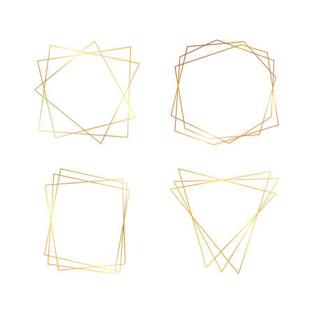 Set of four gold geometric polygonal frames with shining effects isolated on white background. Empty glowing art deco backdrop. Vector illustration.のイラスト素材