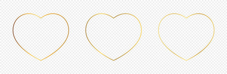 Set of three gold glowing heart shapes isolated on transparent background. Shiny frame with glowing effects. Vector illustration.のイラスト素材