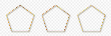 Set of three gold glowing pentagon shape frames isolated on transparent background. Shiny frame with glowing effects. Vector illustration.のイラスト素材