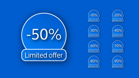 Set of nine banner limited offer with different percentages of discounts from 10 to 90. White numbers on blue backgrounds with shadow. Vector illustrationのイラスト素材