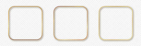 Set of three gold glowing rounded square frames isolated on transparent background. Shiny frame with glowing effects. Vector illustration.のイラスト素材