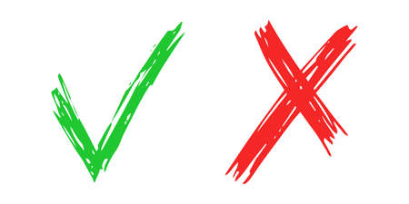 Hand drawn check and cross sign elements isolated on white background. Grunge doodle green checkmark OK and red X icons. Vector illustrationのイラスト素材