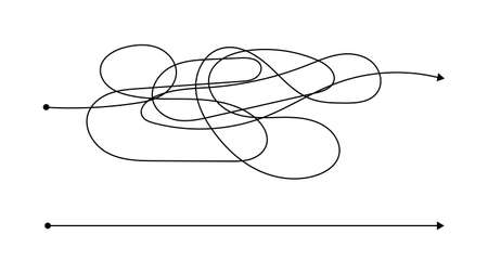 Simple right and complex wrong way with messy line. Black lines with a starting point and an arrow at the end isolated on white background. Vector illustrationのイラスト素材