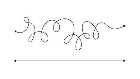Simple right and complex wrong way with messy line. Black lines with a starting point and an arrow at the end isolated on white background. Vector illustrationのイラスト素材