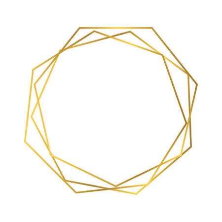Gold geometric polygonal frame with shining effects isolated on white background. Empty glowing art deco backdrop. Vector illustration.のイラスト素材