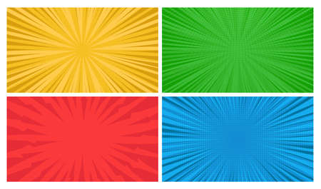 Set of four comic book pages backgrounds in pop art style with empty space. Template with rays, dots and halftone effect texture. Vector illustrationのイラスト素材