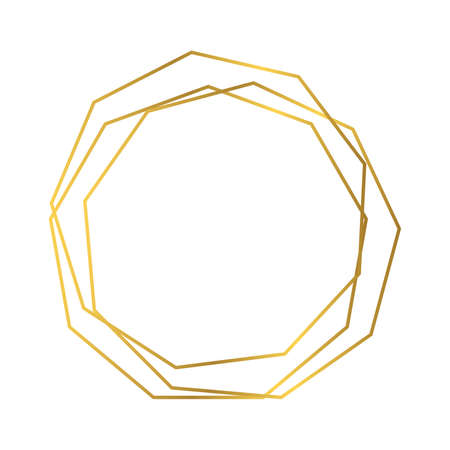 Gold geometric polygonal frame with shining effects isolated on white background. Empty glowing art deco backdrop. Vector illustration.のイラスト素材