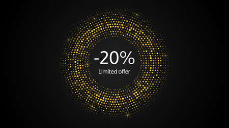 Limited offer gold halftone dotted banner with a 20% discount. White numbers in gold glittering circle on dark background. Vector illustrationのイラスト素材