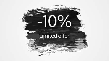 Limited offer banner on black brush stroke with a 10% discount. White numbers on black brush stroke on white background. Vector illustrationのイラスト素材
