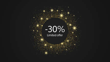 Limited offer gold banner with a 30% discount. White numbers in gold glittering circle on dark background. Vector illustrationのイラスト素材