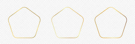 Set of three gold glowing rounded pentagon shape frames isolated on transparent background. Shiny frame with glowing effects. Vector illustration.のイラスト素材
