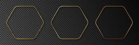 Set of three gold glowing rounded hexagon frames isolated on dark transparent background. Shiny...