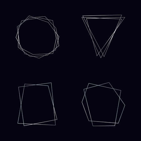 Set of four silver geometric polygonal frames with shining effects isolated on dark background. Empty glowing art deco backdrop. Vector illustration.のイラスト素材