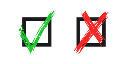 Hand drawn check and cross sign elements isolated on white background. Grunge doodle green checkmark...