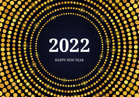 2022 Happy New Year of gold glitter pattern in circle form. Abstract gold glowing halftone dotted background for Christmas holiday greeting card on dark background. Vector illustrationのイラスト素材