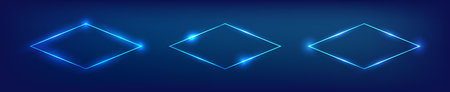Set of three neon rhombus frames with shining effects on dark background. Empty glowing techno backdrop. Vector illustration.のイラスト素材