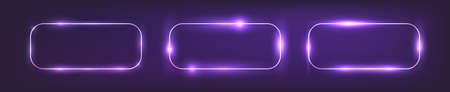 Set of three neon rounded rectangular frames with shining effects on dark background. Empty glowing techno backdrop. Vector illustration.のイラスト素材