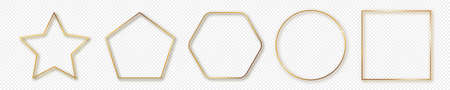 Set of five gold glowing different geometric shape frames with shadow isolated on transparent background. Shiny frame with glowing effects. Vector illustration.のイラスト素材