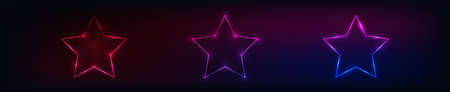 Set of three neon frames in star form with shining effects on dark background. Empty glowing techno backdrop. Vector illustration.のイラスト素材