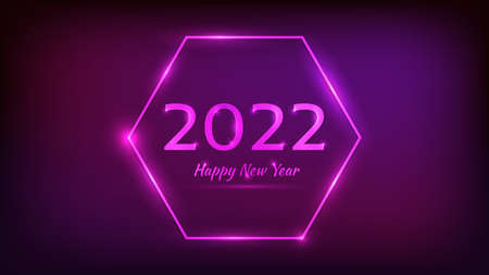 2022 Happy New Year neon background. Neon hexagon frame with shining effects for Christmas holiday greeting card, flyers or posters. Vector illustrationのイラスト素材