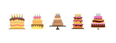 Set of five sweet birthday cakes with burning candles. Colorful holiday dessert. Vector illustration