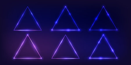 Set of six neon triangular frames with shining effects on dark background. Empty glowing techno backdrop. Vector illustration.のイラスト素材