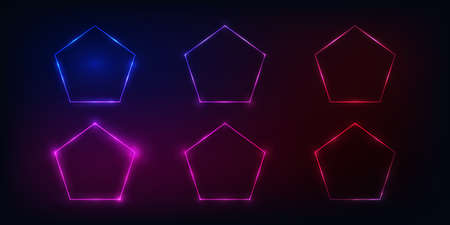 Set of six neon frames in pentagon form with shining effects on dark background. Empty glowing techno backdrop. Vector illustrationのイラスト素材