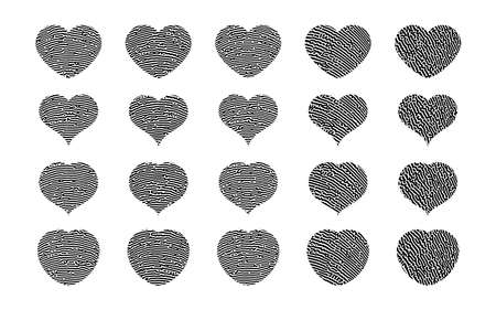 Fingerprint heart silhouette. Big set of black heart shape human finger prints isolated on white background. Vector illustrationのイラスト素材