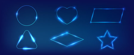 Set of six neon frames in different geometric forms with shining effects on dark background. Empty glowing techno backdrop. Vector illustration.のイラスト素材