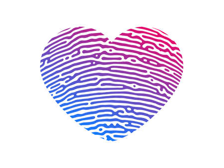 Fingerprint heart silhouette. Purple heart shape human finger print isolated on white background. Vector illustrationのイラスト素材