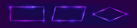 Set of three neon double frames with shining effects on dark background. Empty glowing techno backdrop. Vector illustrationのイラスト素材