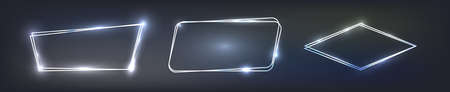 Set of three neon double frames with shining effects on dark background. Empty glowing techno backdrop. Vector illustrationのイラスト素材