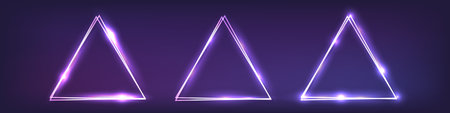 Set of three neon double triangular frames with shining effects on dark background. Empty glowing techno backdrop. Vector illustrationのイラスト素材