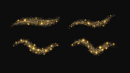 Set of gold glittering confetti waves and stardust. Golden magical sparkles on dark background. Vector illustrationのイラスト素材