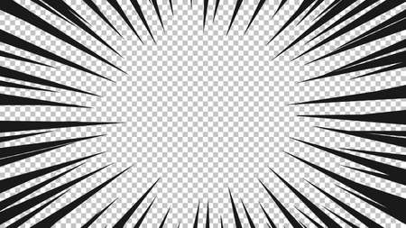 Comic book page with black lines isolated on transparent background. Template with flash explosion rays effect texture. Vector illustrationのイラスト素材