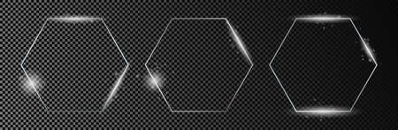 Set of three silver glowing hexagon frames isolated on dark transparent background. Shiny frame with glowing effects. vector illustrationのイラスト素材